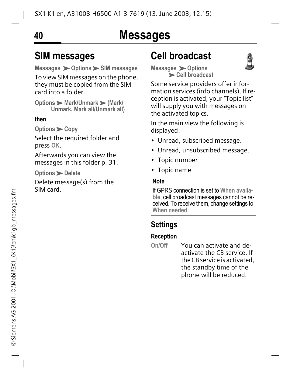 Sim messages, Cell broadcast, Messages | Settings | Siemens SX1 User Manual | Page 41 / 103