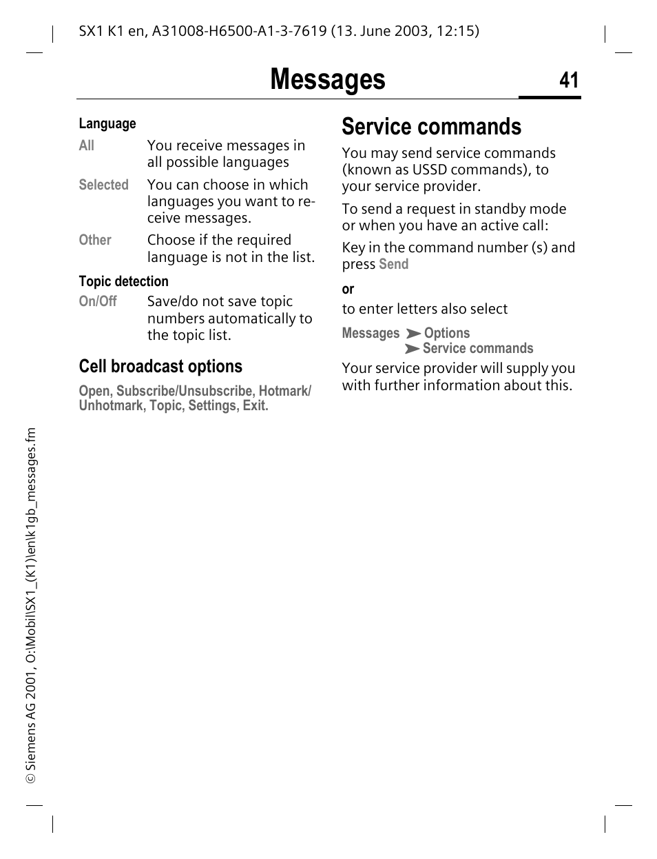 Service commands, Messages, Cell broadcast options | Siemens SX1 User Manual | Page 42 / 103