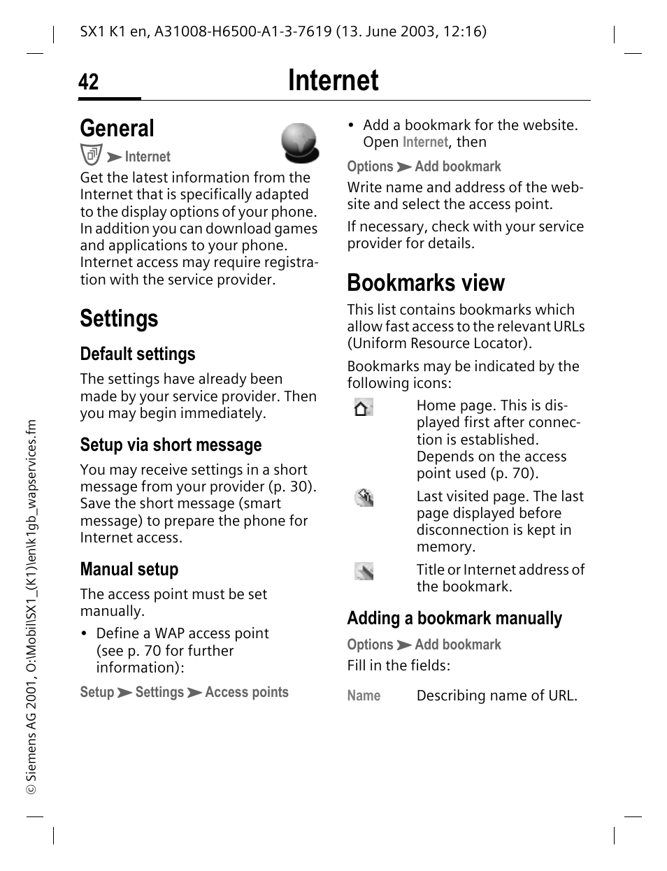 Internet, Settings, Bookmarks view | General | Siemens SX1 User Manual | Page 43 / 103