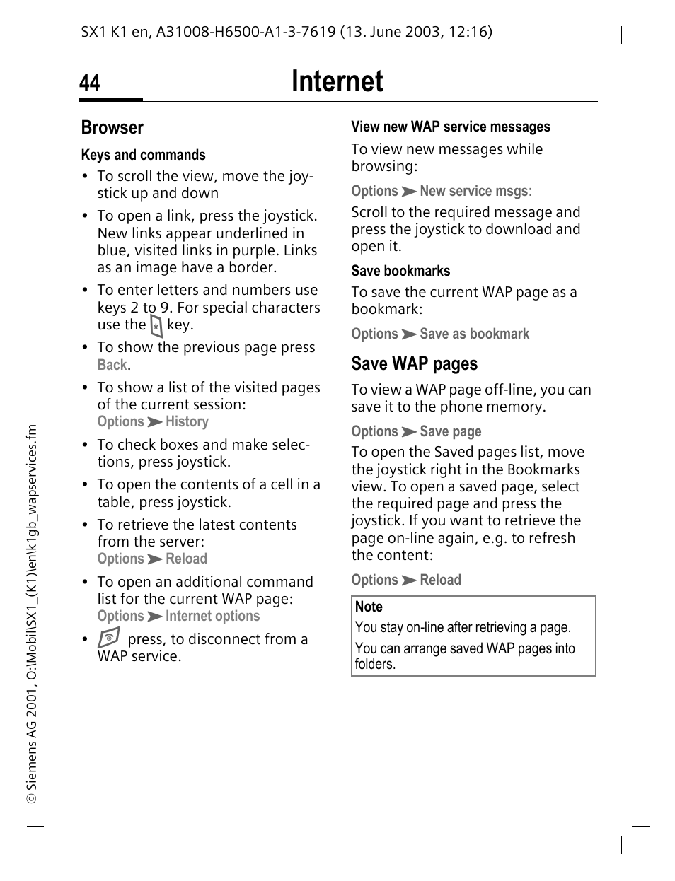 Internet, Browser, Save wap pages | Siemens SX1 User Manual | Page 45 / 103