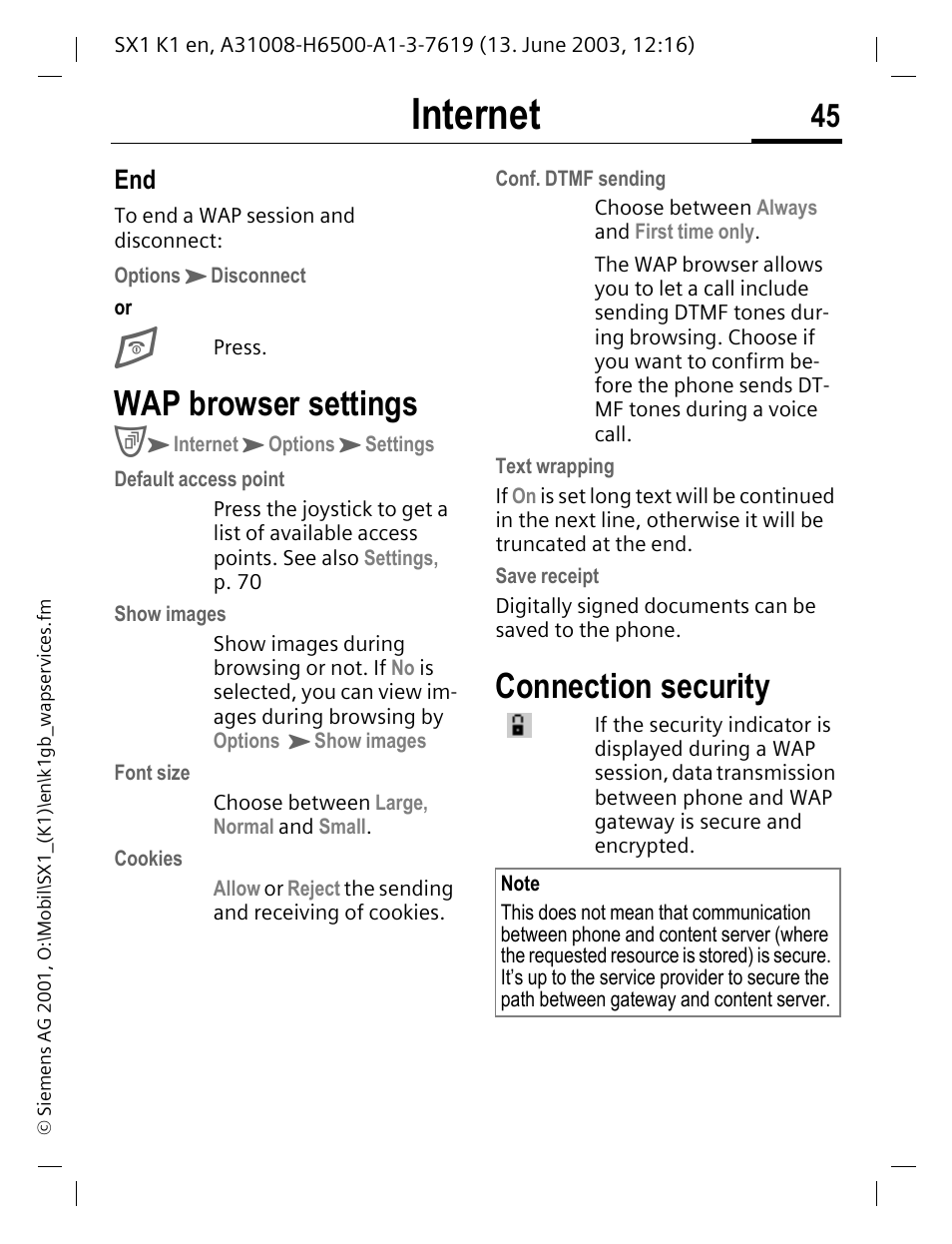 Wap browser settings, Connection security, Internet | Siemens SX1 User Manual | Page 46 / 103