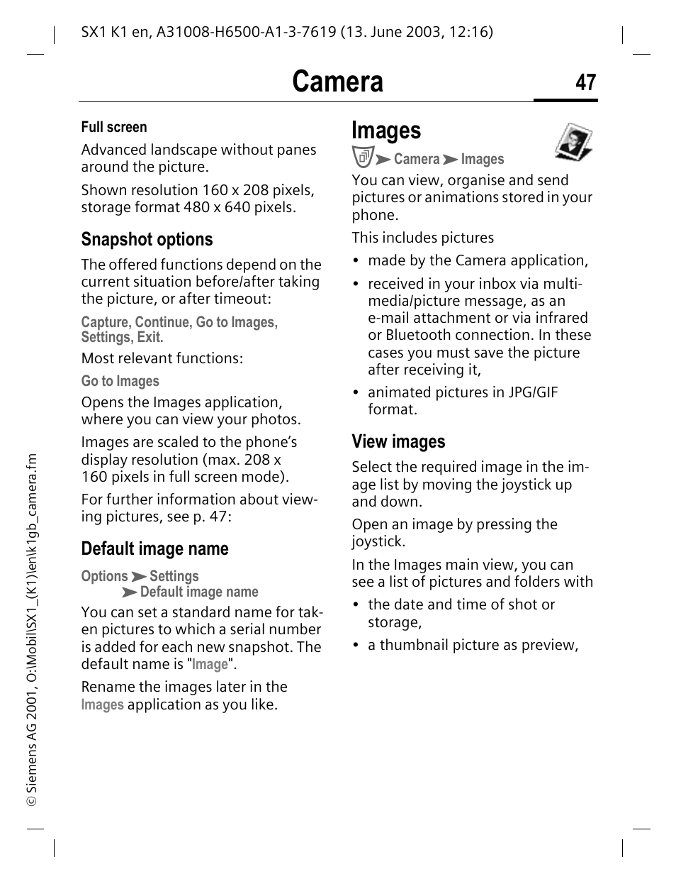 Images, Camera, Snapshot options | Default image name, View images | Siemens SX1 User Manual | Page 48 / 103