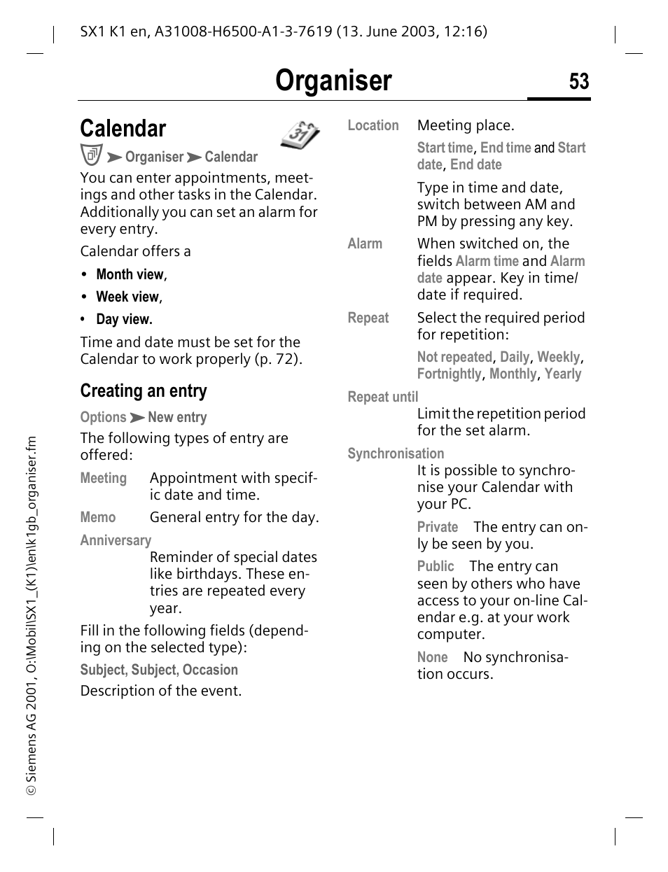 Organiser, Calendar, Creating an entry | Siemens SX1 User Manual | Page 54 / 103