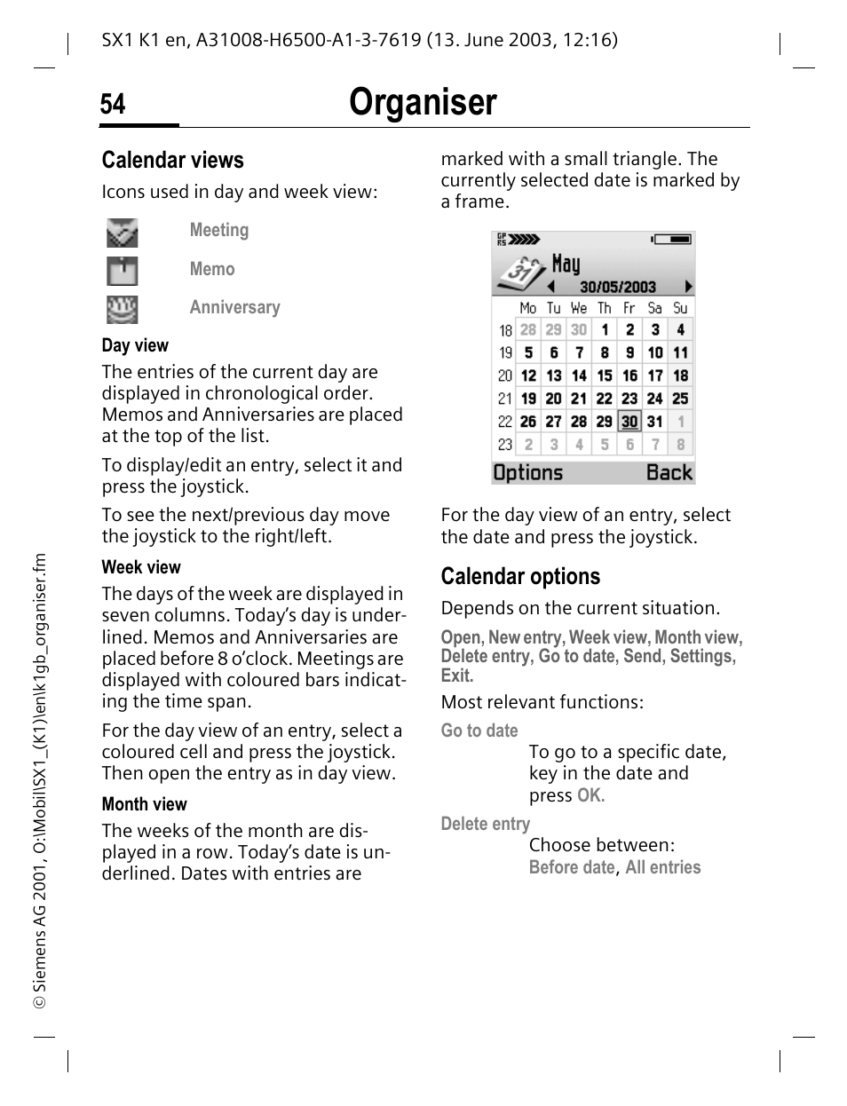 Organiser, Calendar views, Calendar options | Siemens SX1 User Manual | Page 55 / 103