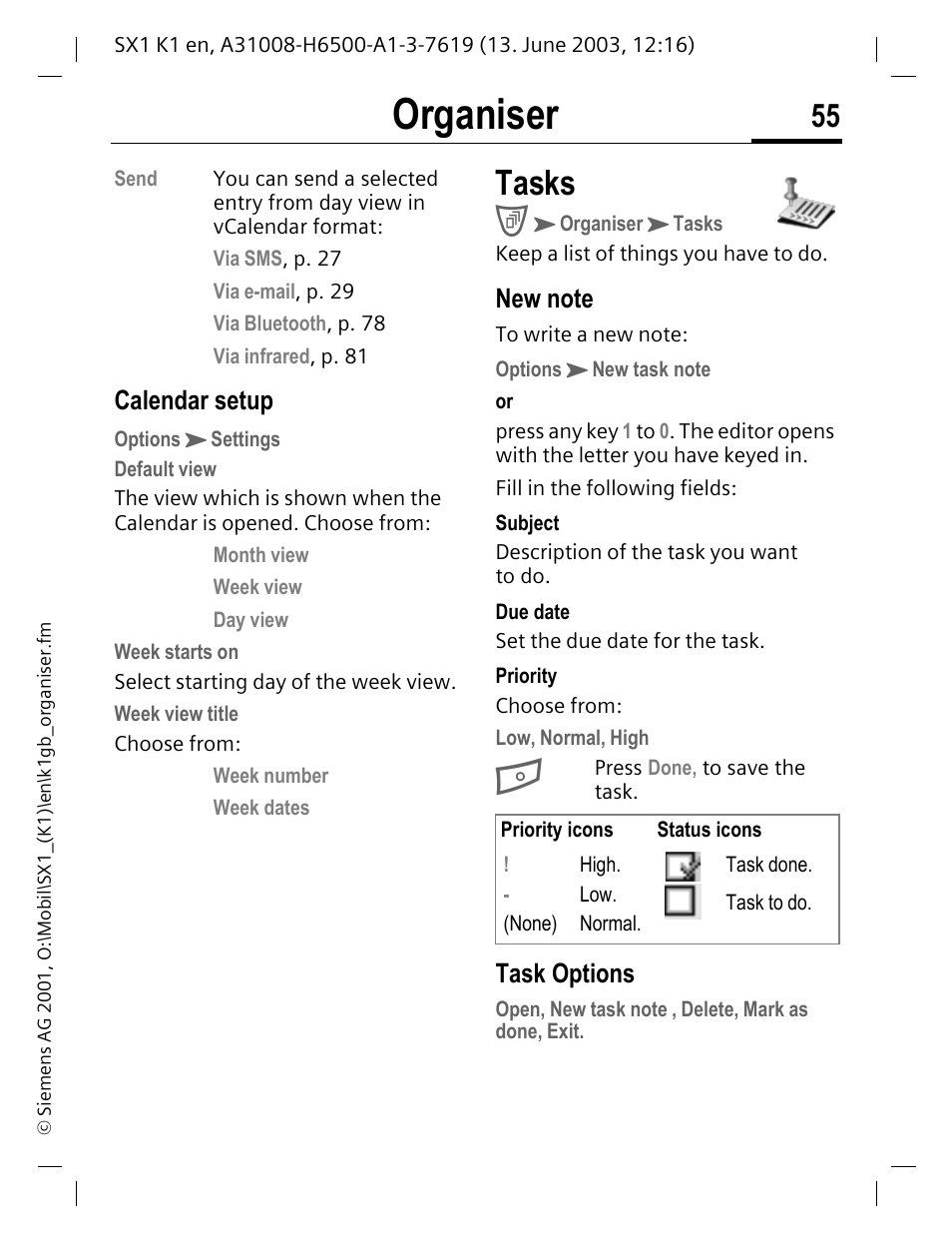 Tasks, P. 55). you may receive e, Organiser | Calendar setup, Task options | Siemens SX1 User Manual | Page 56 / 103