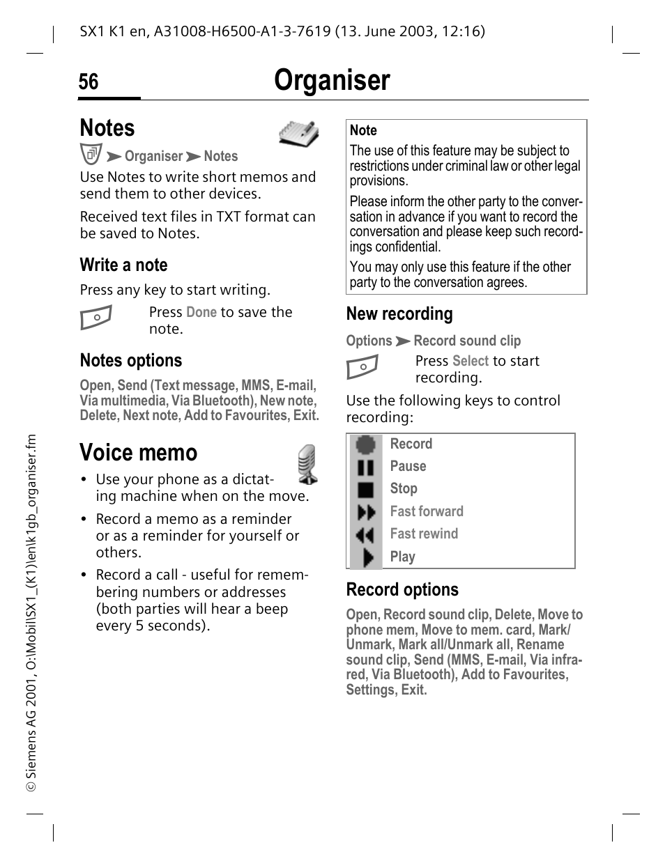 Notes, Voice memo, P. 56) to the message | Organiser | Siemens SX1 User Manual | Page 57 / 103