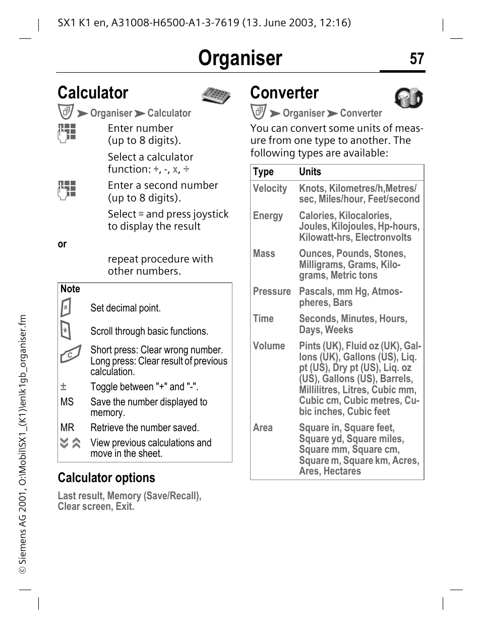 Calculator, Converter, Organiser | Siemens SX1 User Manual | Page 58 / 103