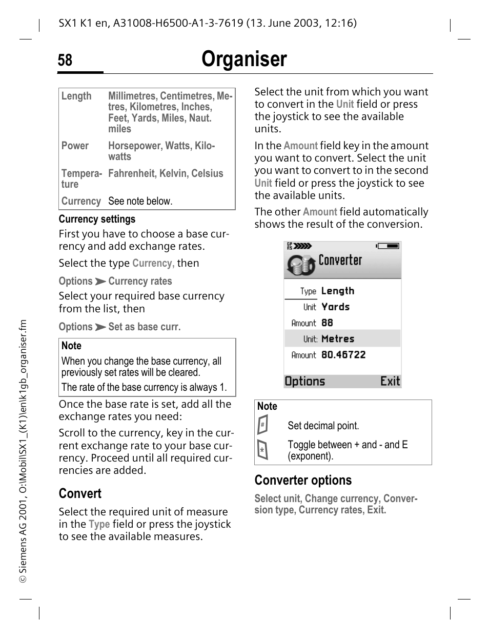 Organiser, Convert, Converter options | Siemens SX1 User Manual | Page 59 / 103