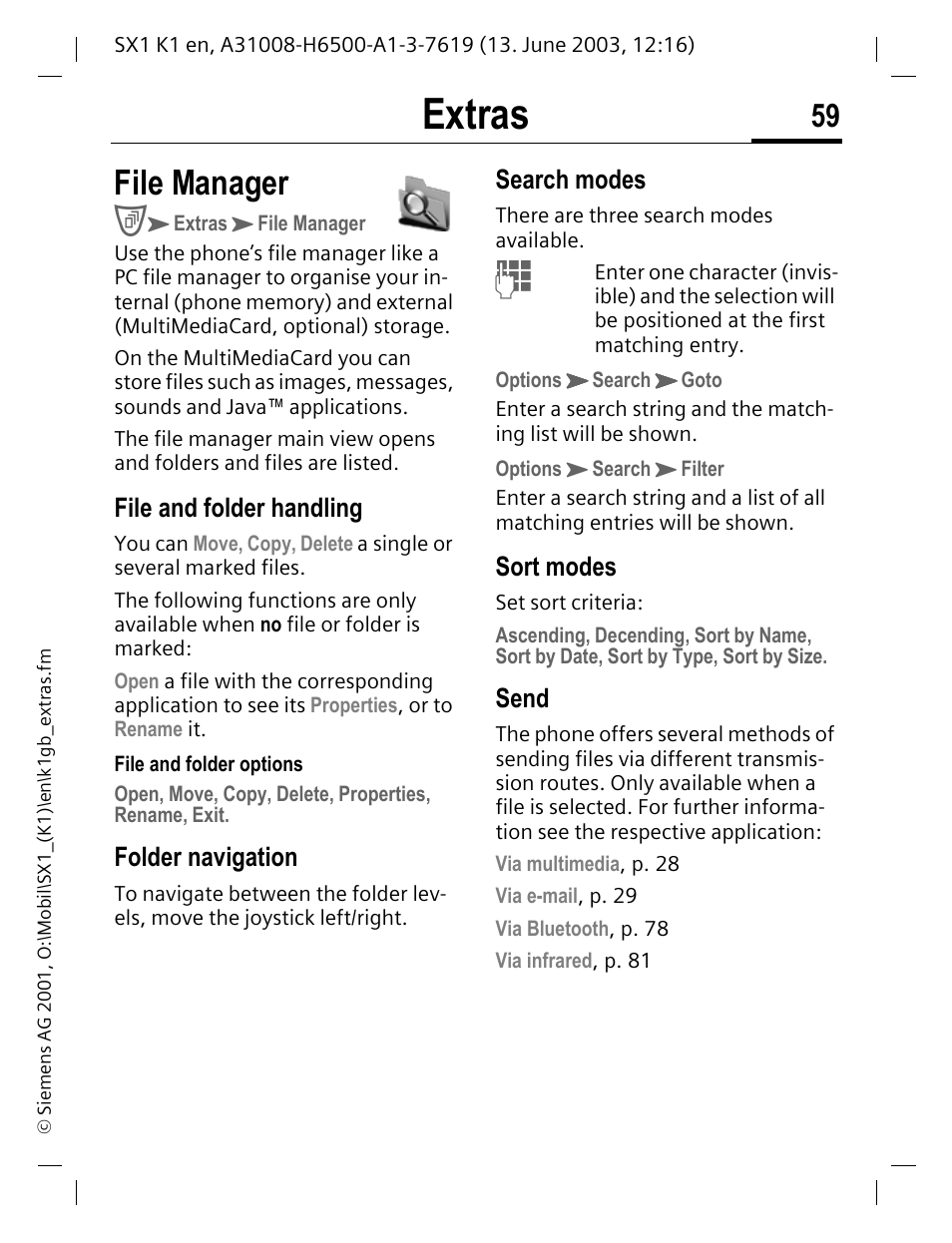 Extras, File manager, File and folder handling | Folder navigation, Search modes, Sort modes, Send | Siemens SX1 User Manual | Page 60 / 103