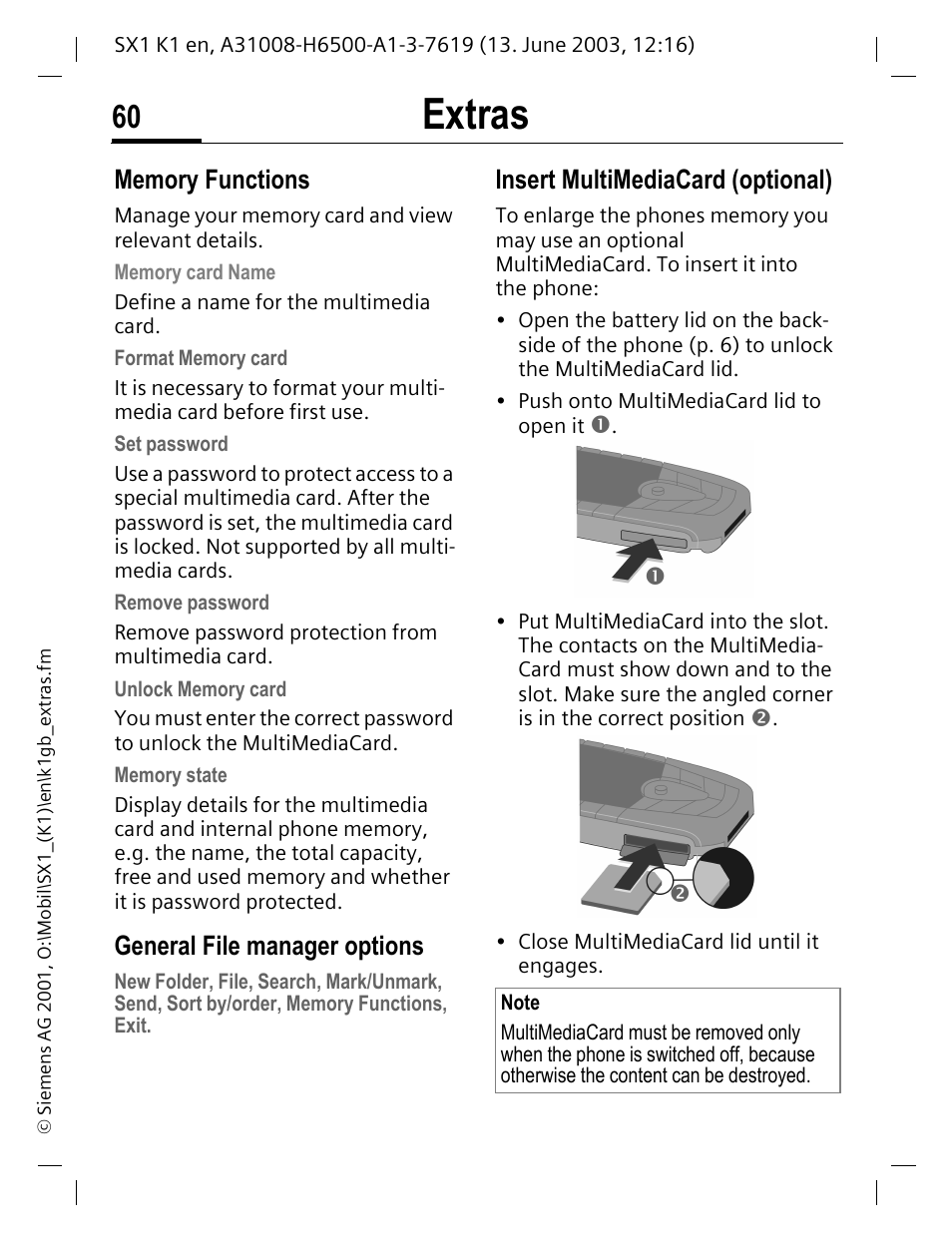 Ediacard (p. 60), Extras, General file manager options | Insert multimediacard (optional) | Siemens SX1 User Manual | Page 61 / 103