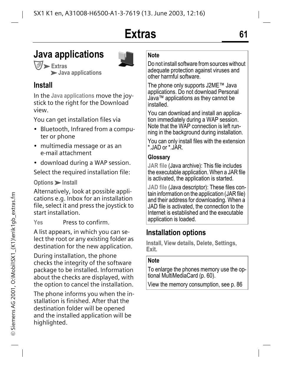 Java applications, Extras, Install | Installation options | Siemens SX1 User Manual | Page 62 / 103