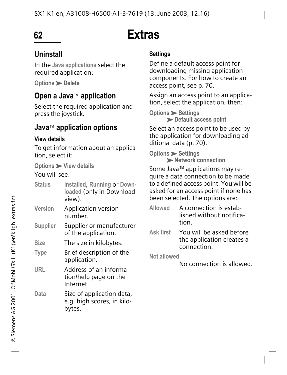 Extras, Uninstall, Open a java | Application, Java, Application options | Siemens SX1 User Manual | Page 63 / 103