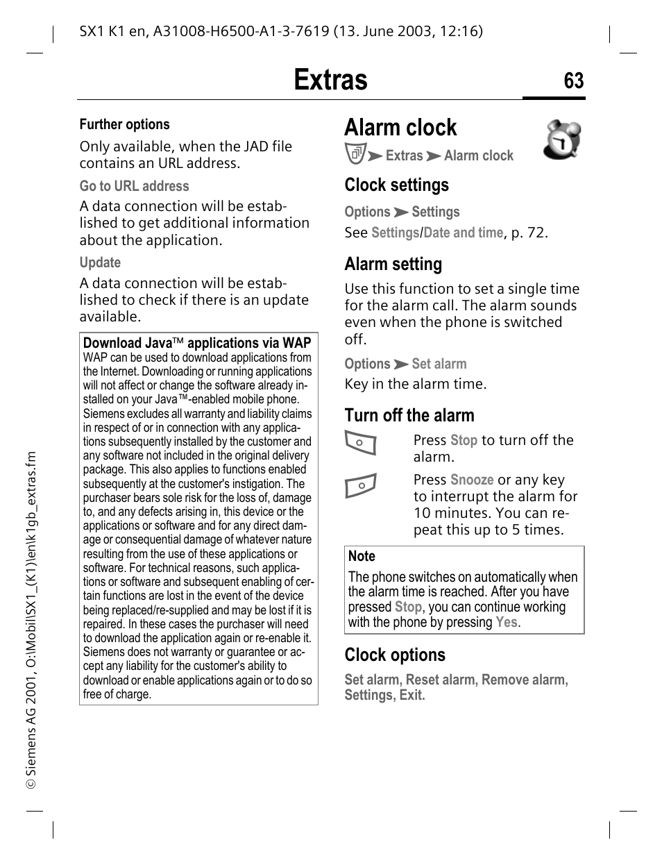 Alarm clock, Extras, Clock settings | Alarm setting, Turn off the alarm, Clock options | Siemens SX1 User Manual | Page 64 / 103