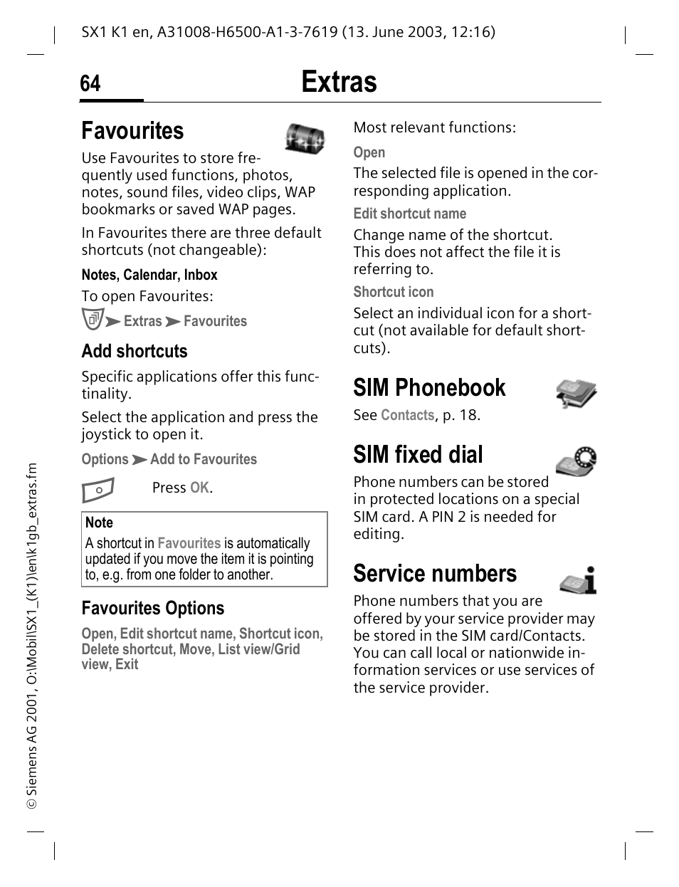 Favourites, Sim phonebook, Sim fixed dial | Service numbers, Extras | Siemens SX1 User Manual | Page 65 / 103