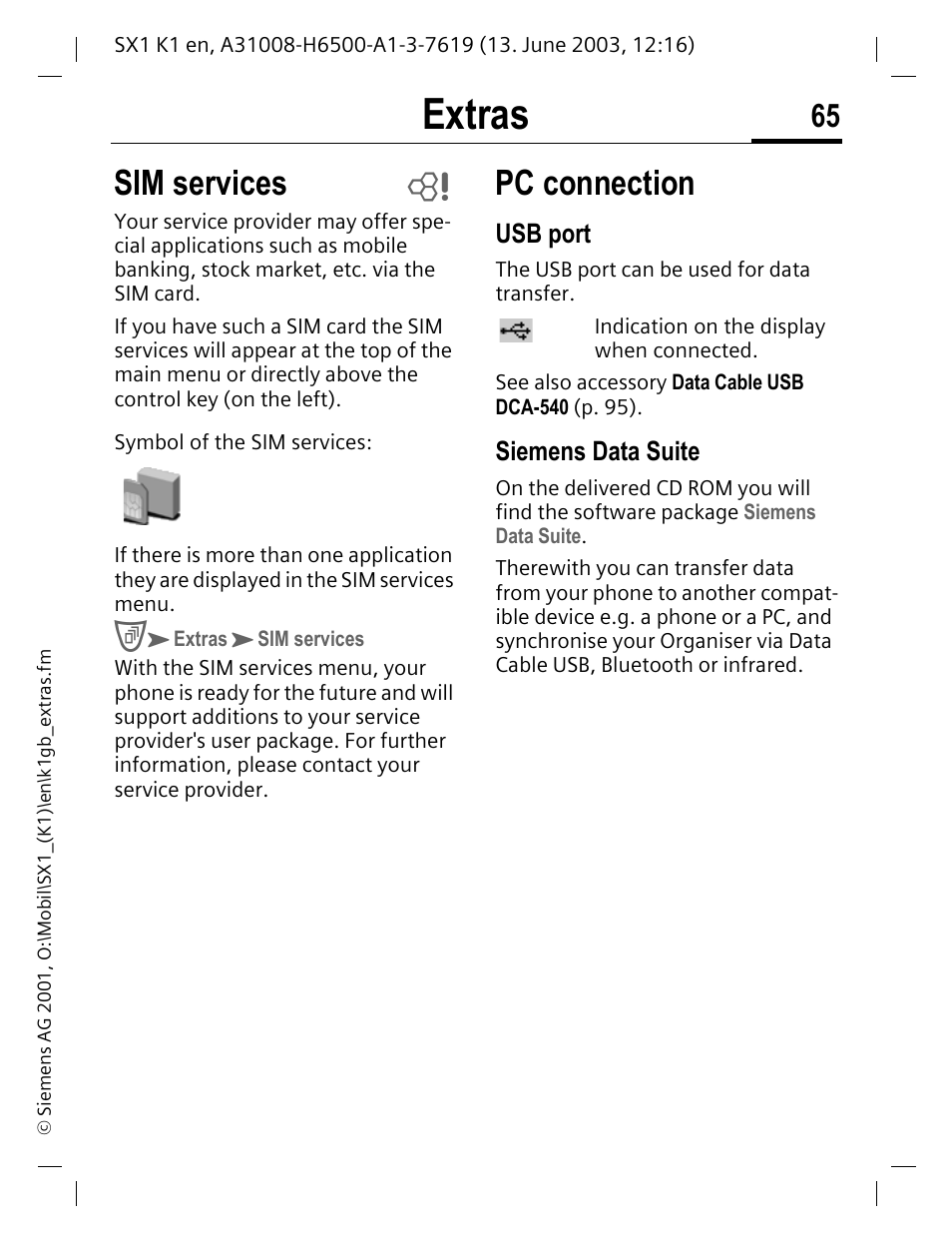 Sim services, Pc connection, Extras | Siemens SX1 User Manual | Page 66 / 103