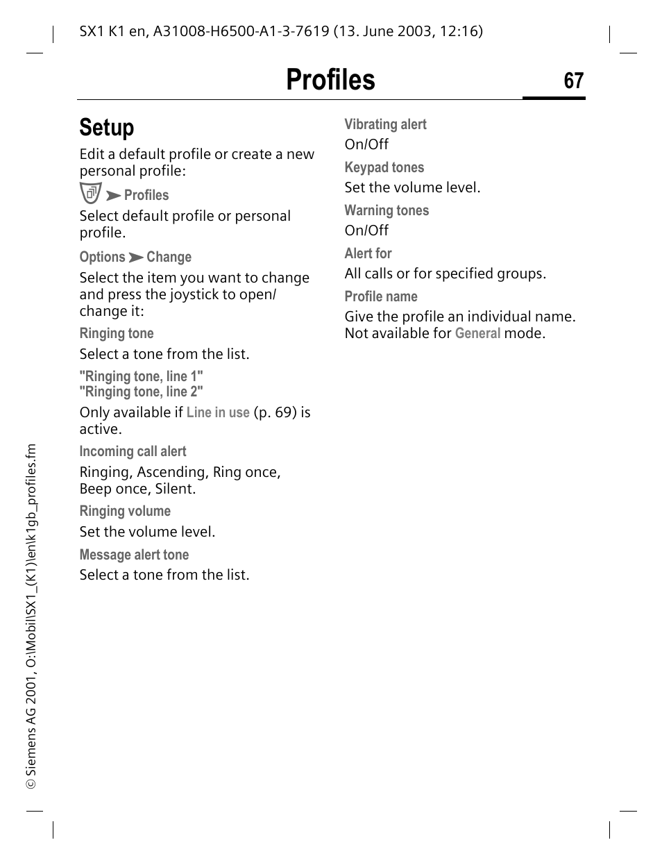 Setup, Profiles | Siemens SX1 User Manual | Page 68 / 103