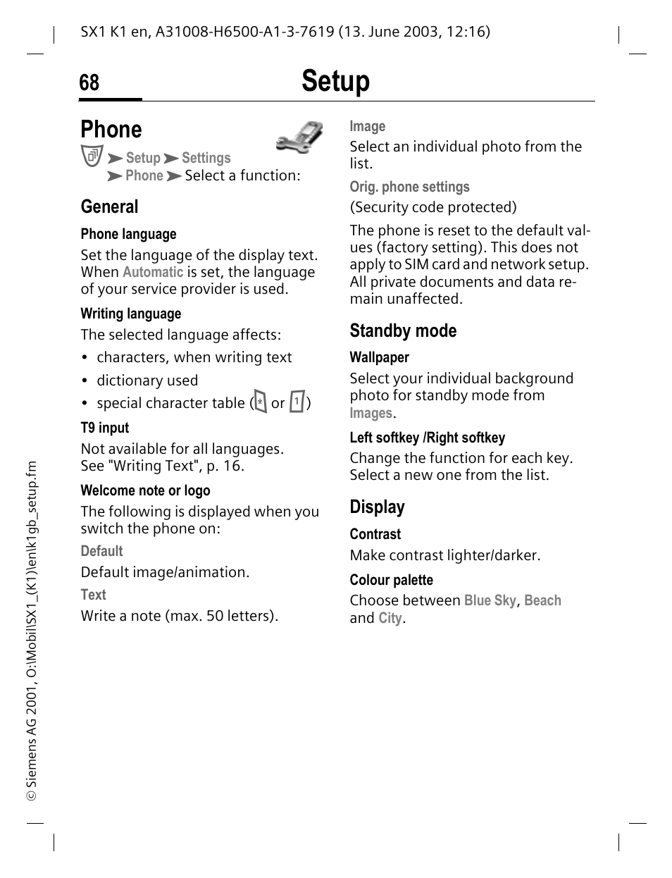 Setup, Phone | Siemens SX1 User Manual | Page 69 / 103