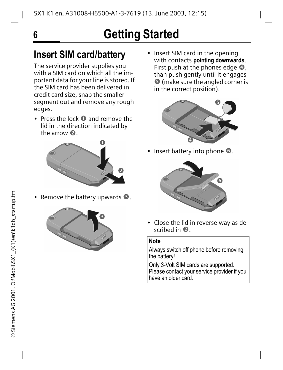 Getting started, Insert sim card/battery | Siemens SX1 User Manual | Page 7 / 103