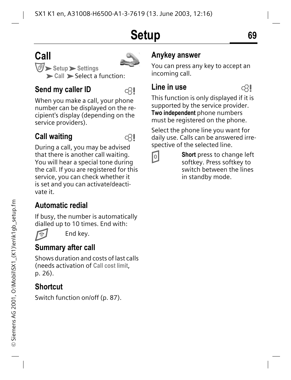 Call, Setup | Siemens SX1 User Manual | Page 70 / 103