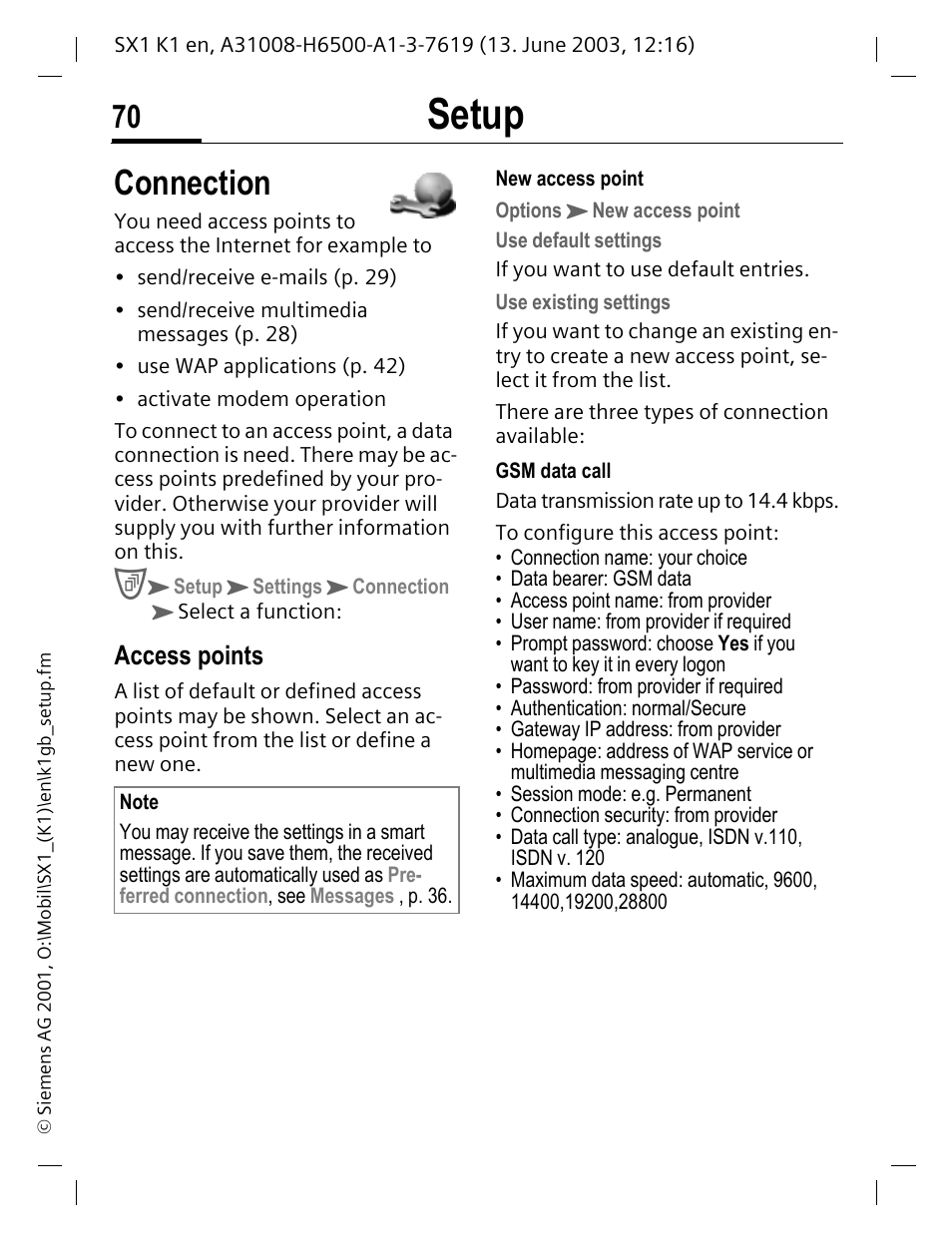 Connection, Setup, Access points | Siemens SX1 User Manual | Page 71 / 103