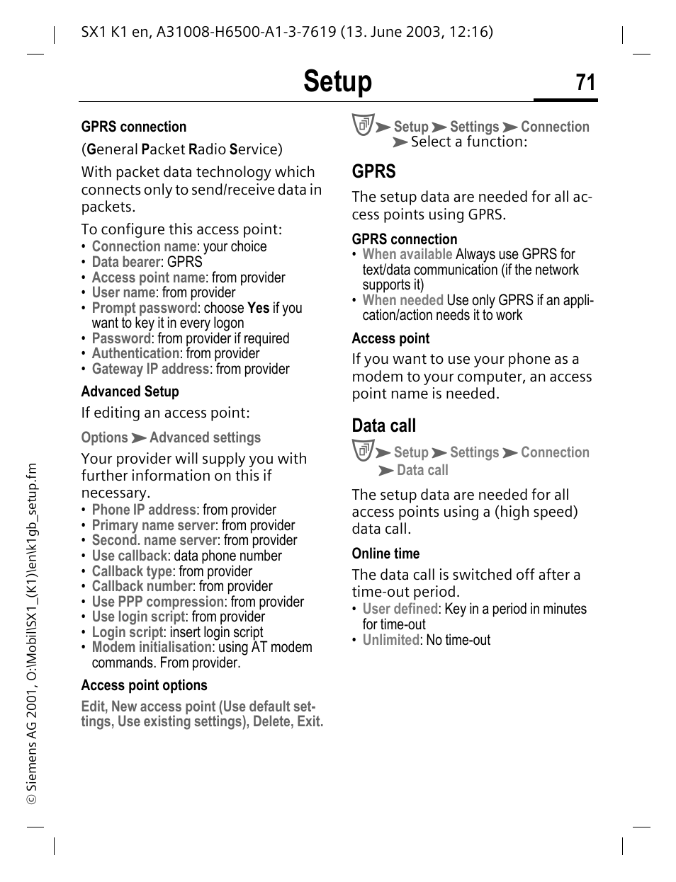 Setup, Gprs, Data call | Siemens SX1 User Manual | Page 72 / 103