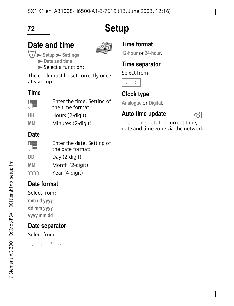 Date and time, Setup | Siemens SX1 User Manual | Page 73 / 103