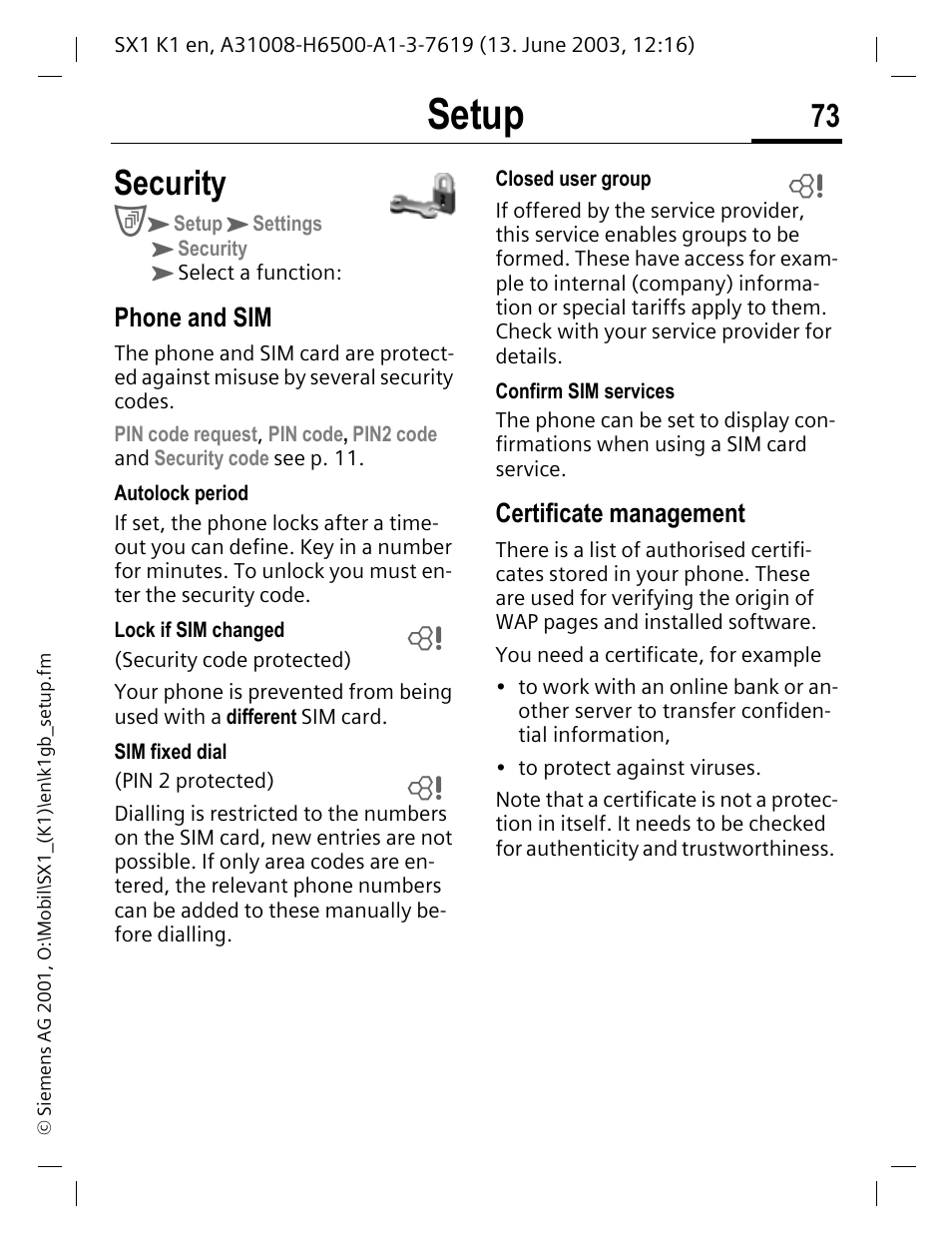 Security, Setup, Phone and sim | Certificate management | Siemens SX1 User Manual | Page 74 / 103