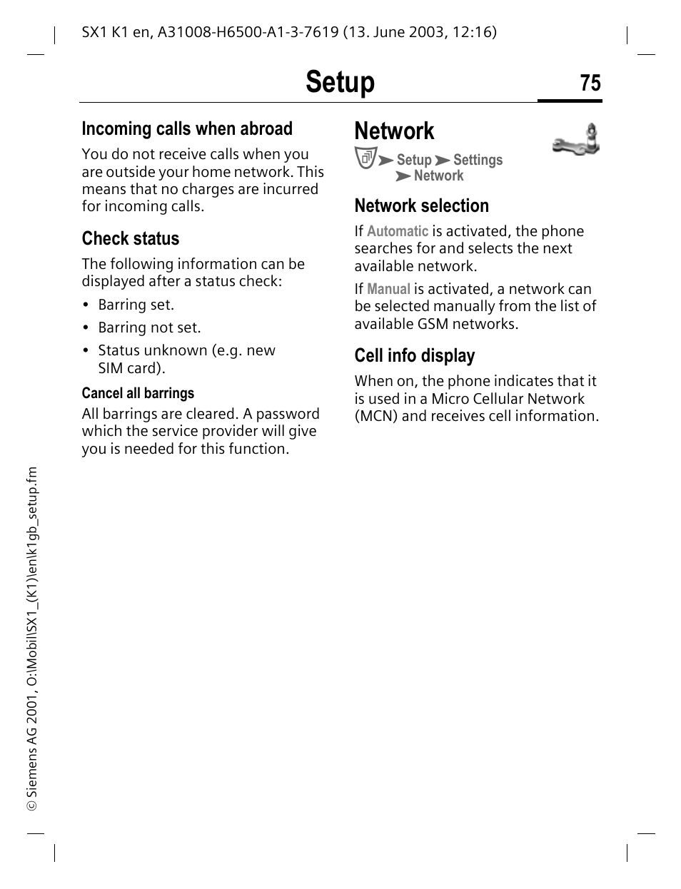 Network, Setup | Siemens SX1 User Manual | Page 76 / 103