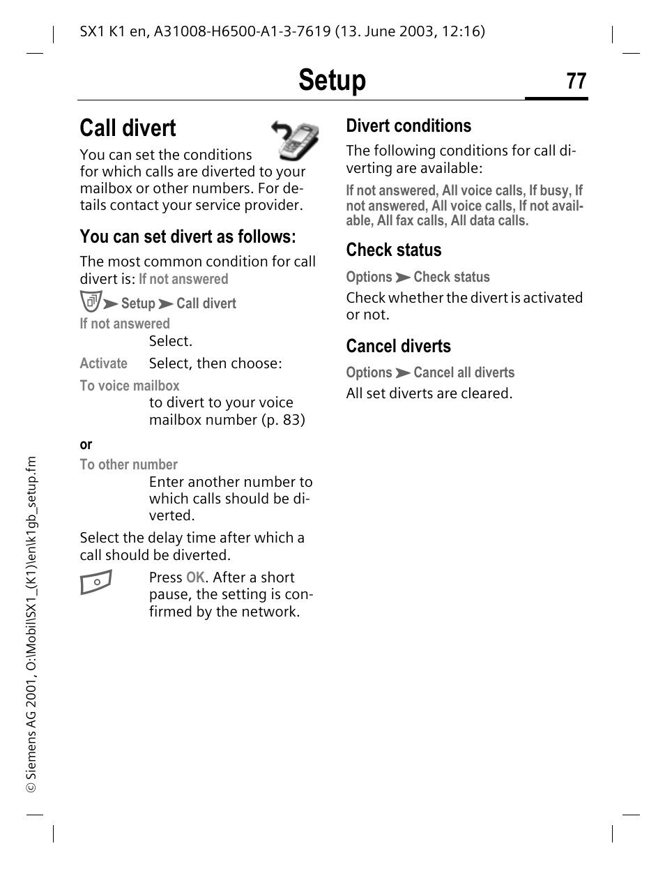 Call divert, Setup | Siemens SX1 User Manual | Page 78 / 103