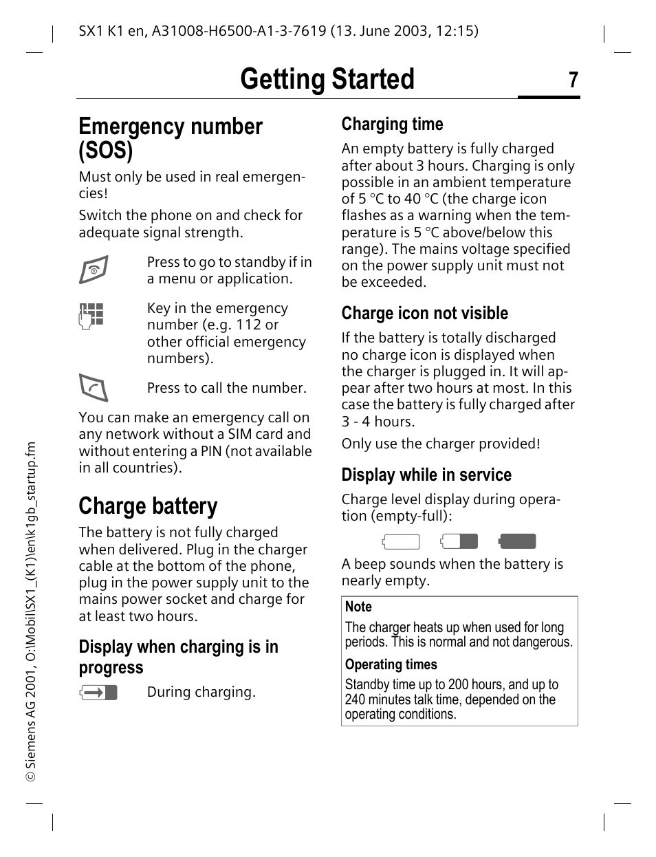 Emergency number (sos), Charge battery, Getting started | Siemens SX1 User Manual | Page 8 / 103