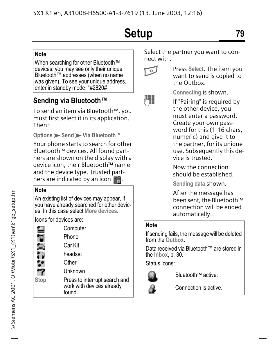 Setup, Sending via bluetooth | Siemens SX1 User Manual | Page 80 / 103