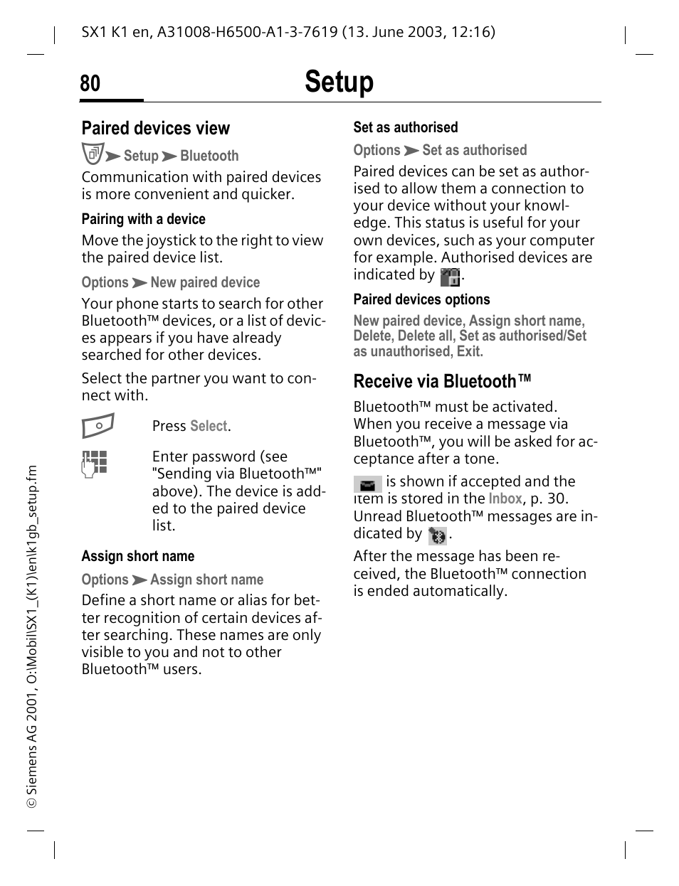 Setup, Paired devices view, Receive via bluetooth | Siemens SX1 User Manual | Page 81 / 103