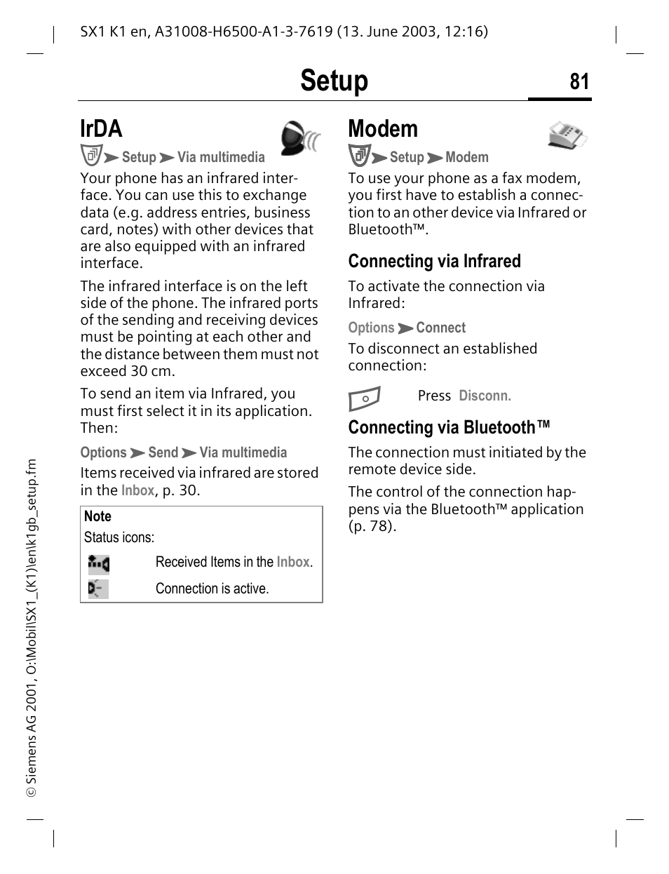 Irda, Modem, P. 81 | Setup | Siemens SX1 User Manual | Page 82 / 103