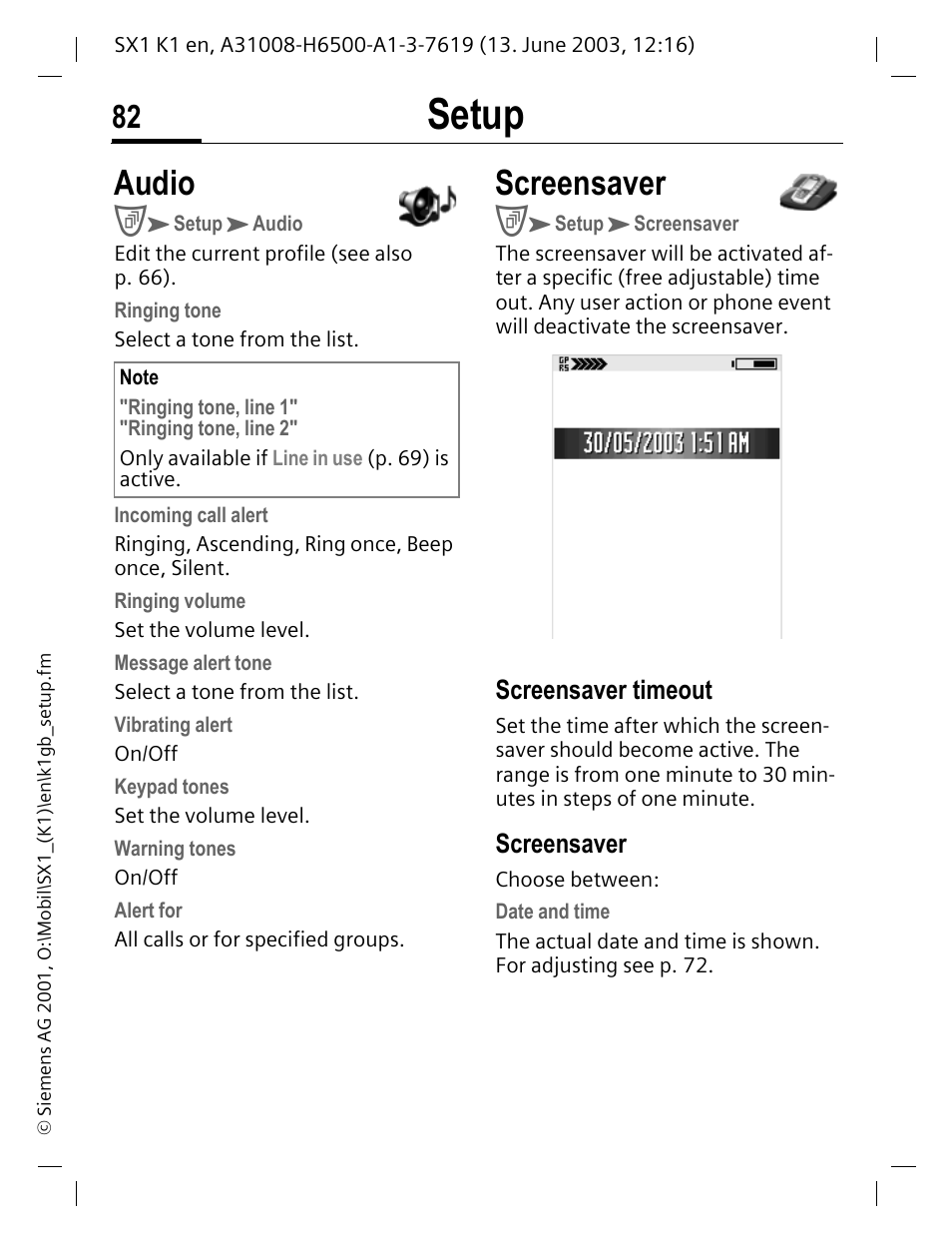 Audio, Screensaver, Setup | Siemens SX1 User Manual | Page 83 / 103