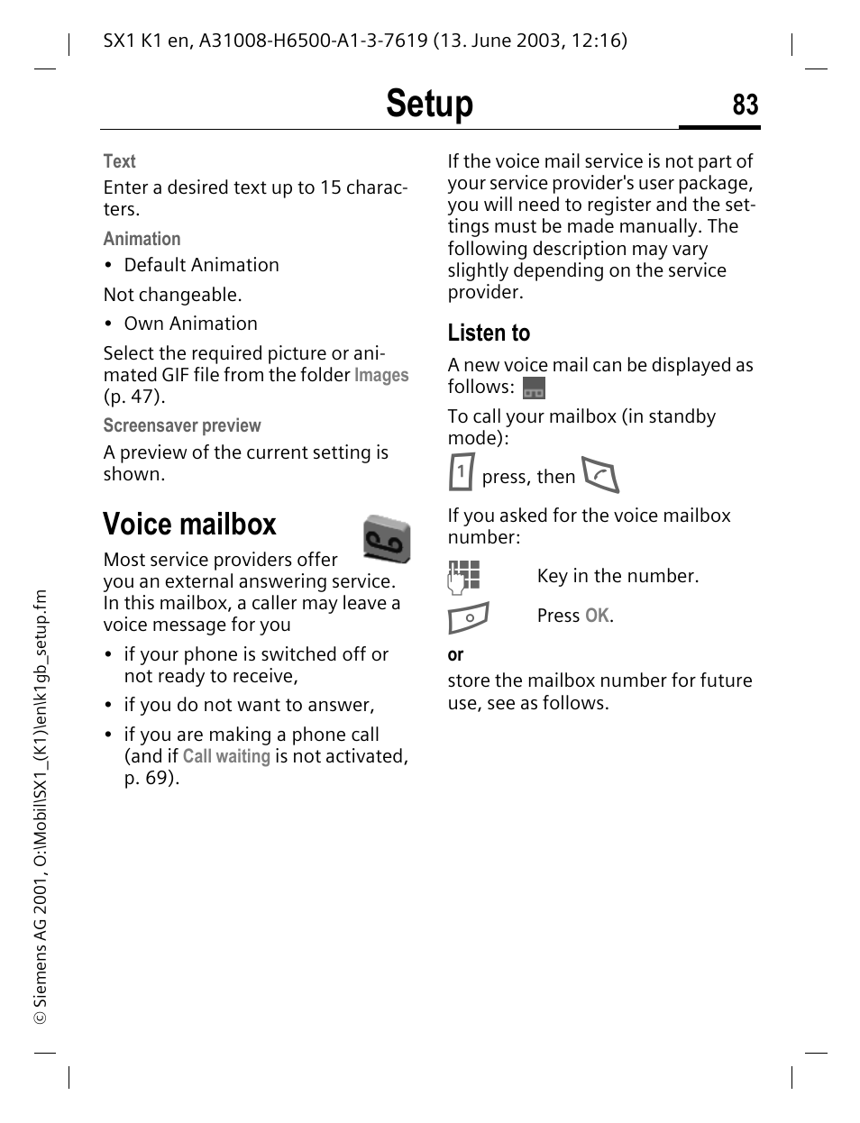 Voice mailbox, Setup | Siemens SX1 User Manual | Page 84 / 103