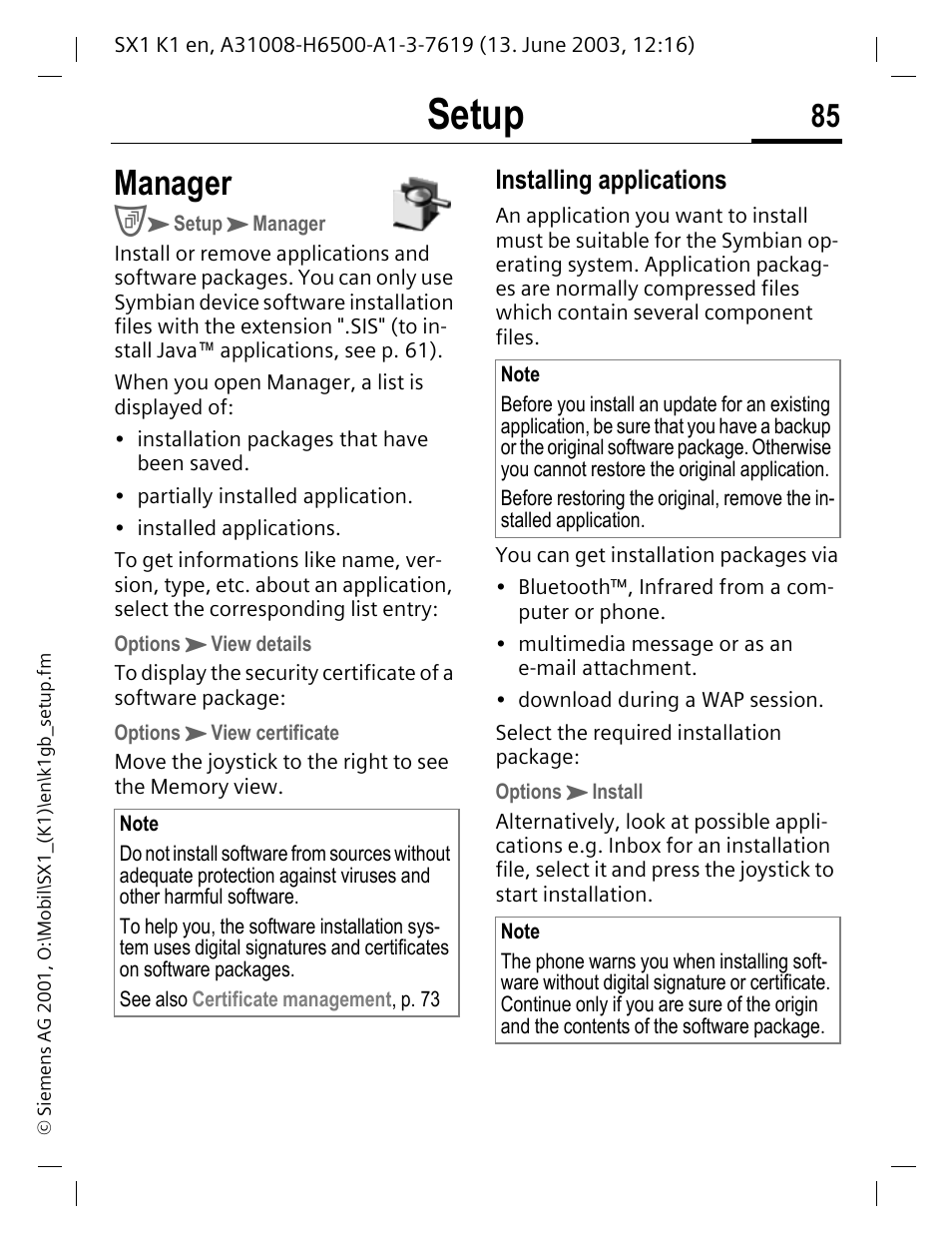 Manager, Setup, Installing applications | Siemens SX1 User Manual | Page 86 / 103