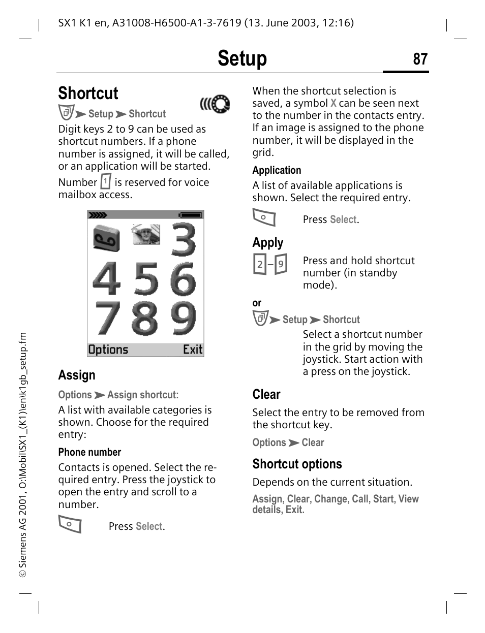 Shortcut, Setup | Siemens SX1 User Manual | Page 88 / 103