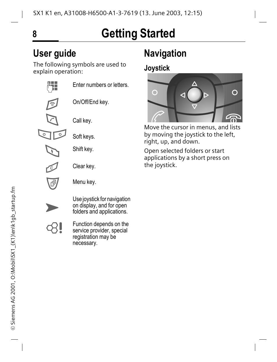User guide, Navigation, Getting started | Siemens SX1 User Manual | Page 9 / 103