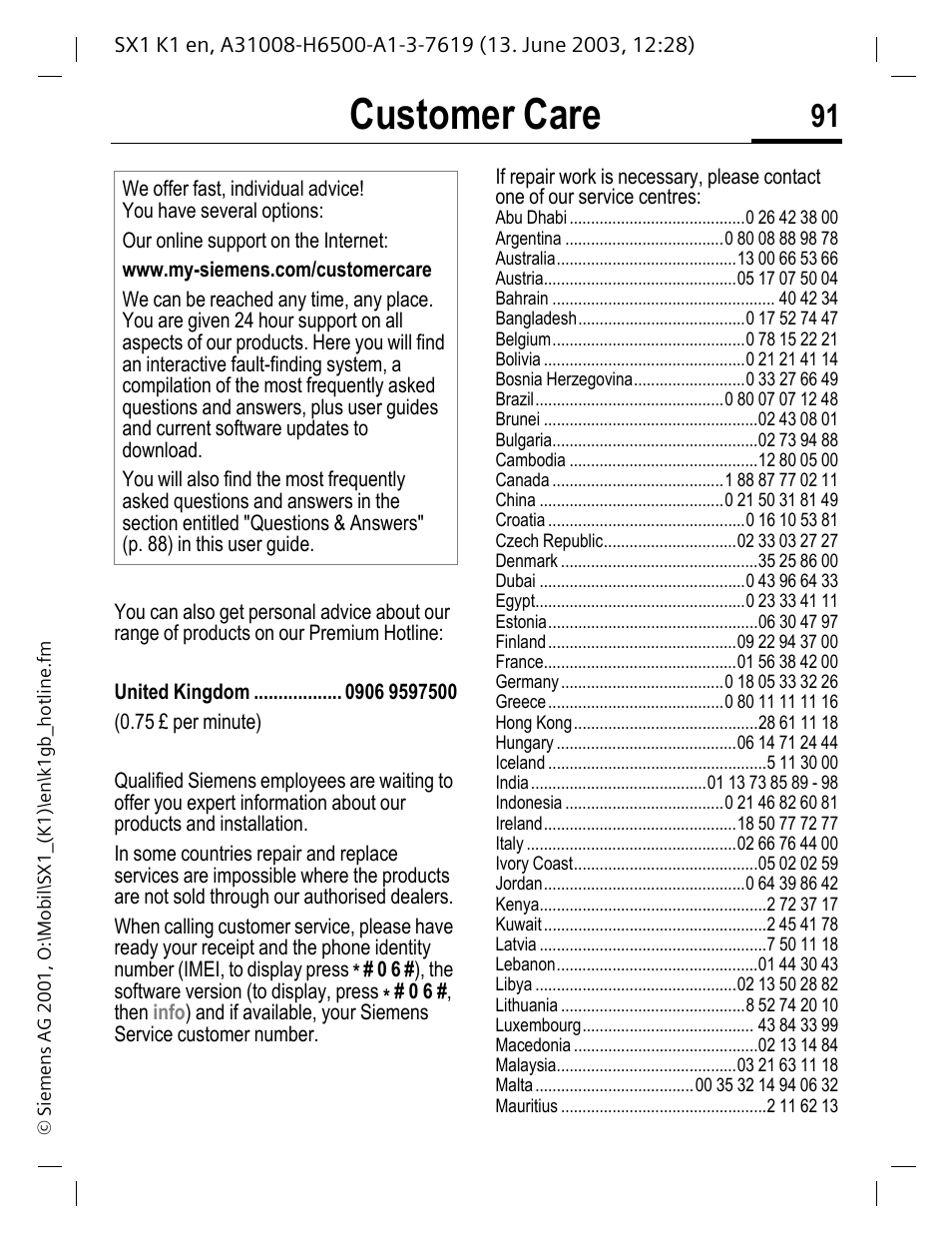 Custom er care, Customer care, Ontact siemens service (p. 91) | Siemens SX1 User Manual | Page 92 / 103