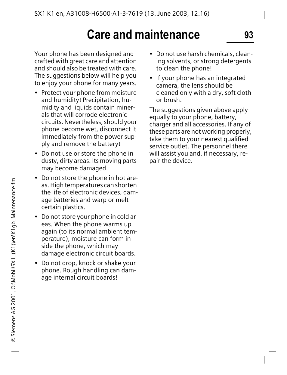 Care and maintenance | Siemens SX1 User Manual | Page 94 / 103