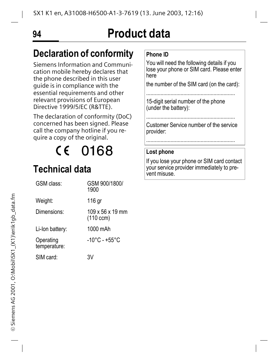 Product data, Declaration of conformity, Technical data | Siemens SX1 User Manual | Page 95 / 103