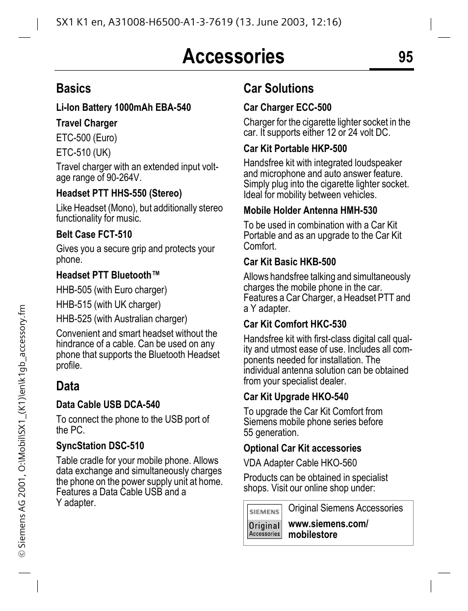 Accessories, Basics, Data | Car solutions | Siemens SX1 User Manual | Page 96 / 103