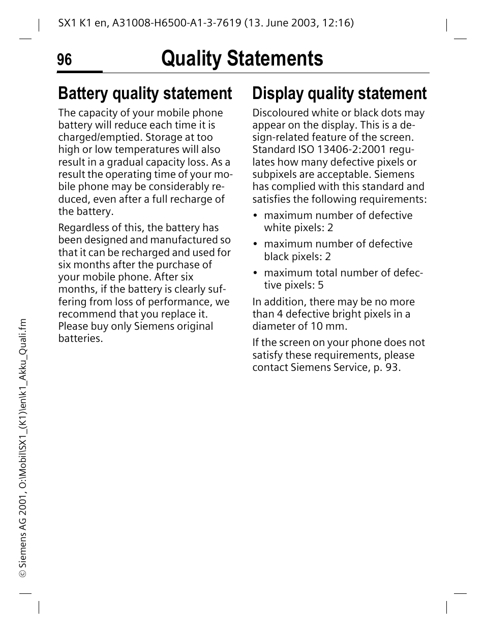 Quality statements, Battery quality statement, Display quality statement | Siemens SX1 User Manual | Page 97 / 103