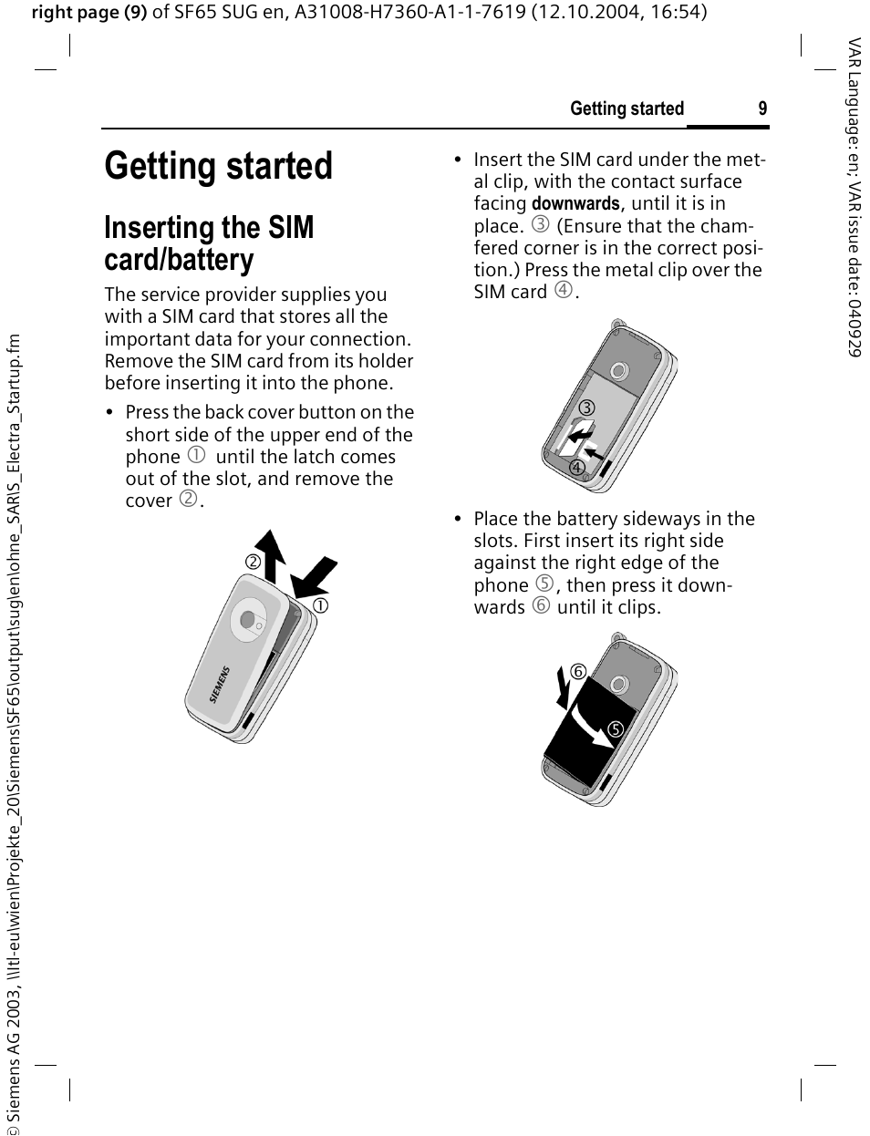 Getting started, Inserting the sim card/battery | Siemens SF65 User Manual | Page 10 / 71