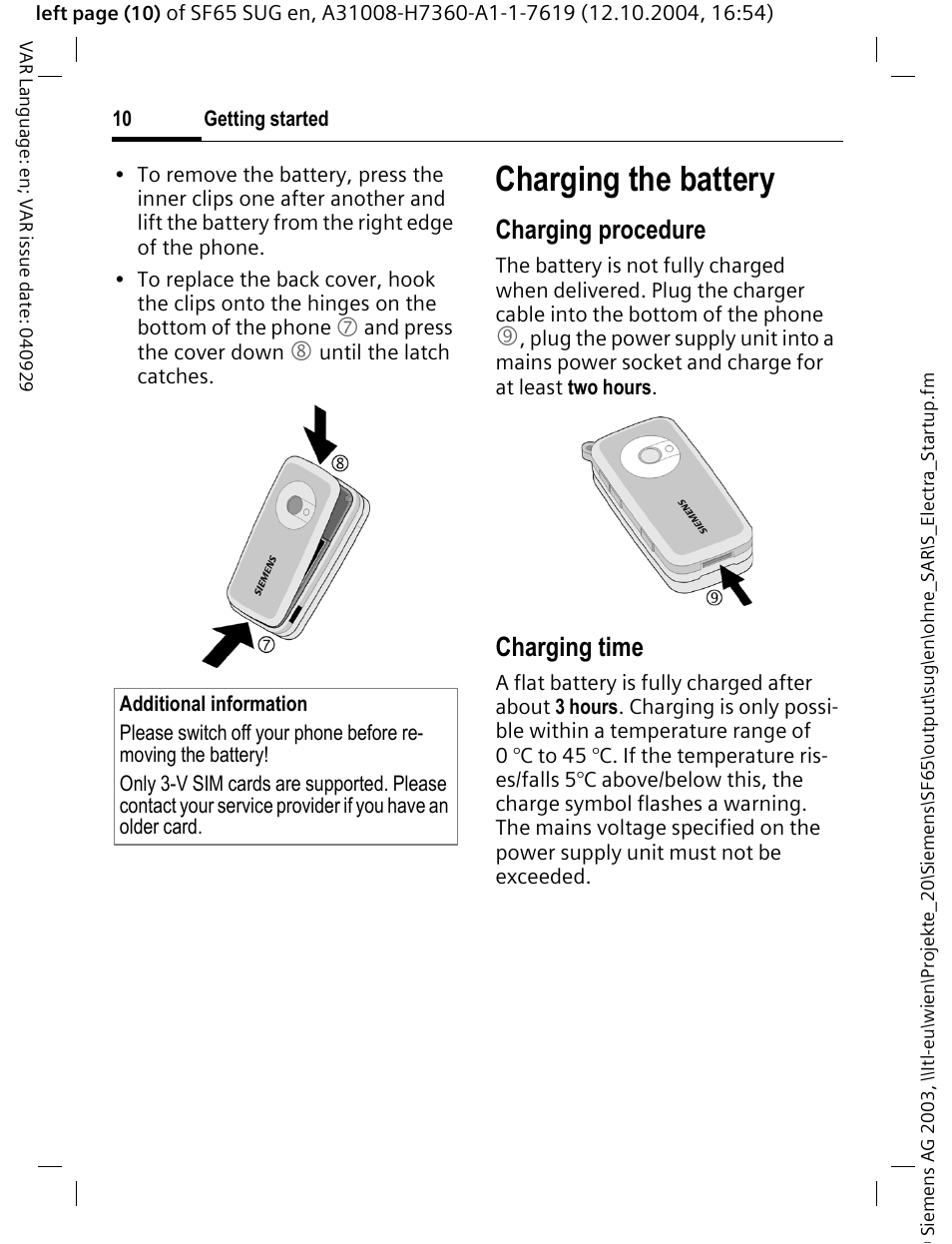 Charging the battery, Charging procedure, Charging time | Siemens SF65 User Manual | Page 11 / 71