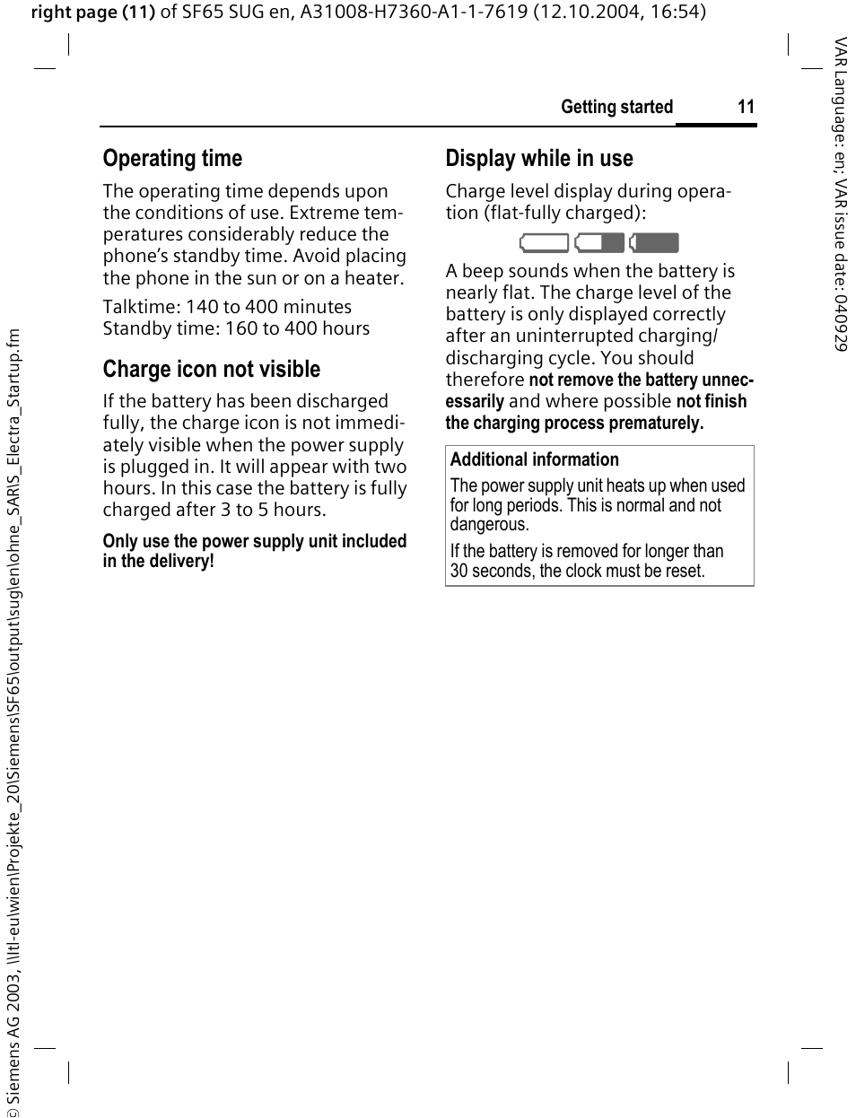 Operating time, Charge icon not visible, Display while in use | Siemens SF65 User Manual | Page 12 / 71