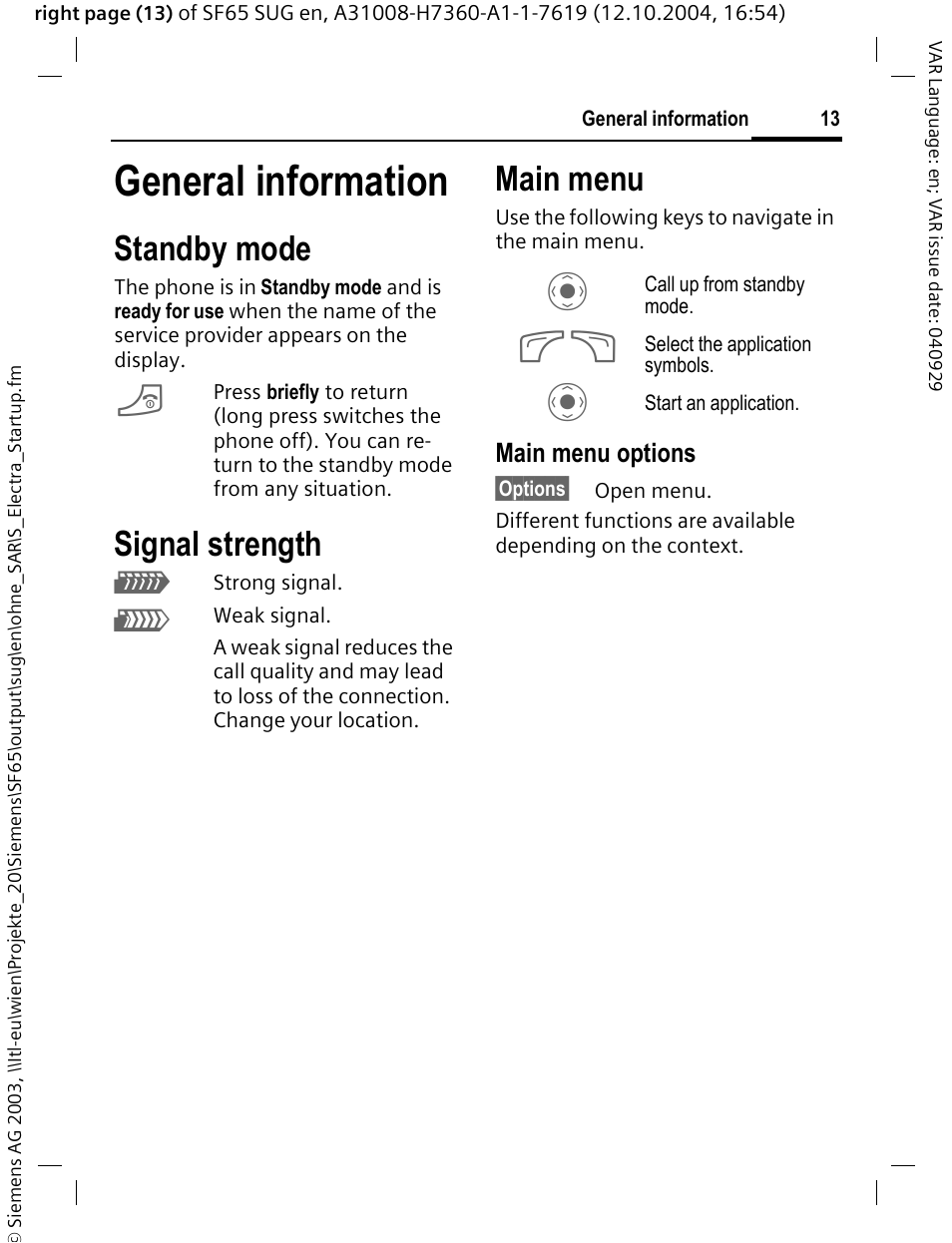 General information, Standby mode, Signal strength | Main menu | Siemens SF65 User Manual | Page 14 / 71