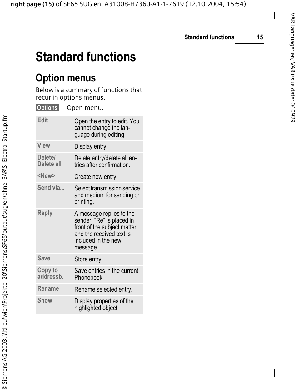 Standard functions, Option menus | Siemens SF65 User Manual | Page 16 / 71