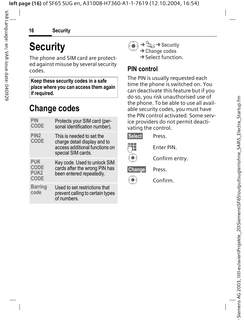 Security, Change codes, Pin control | Siemens SF65 User Manual | Page 17 / 71