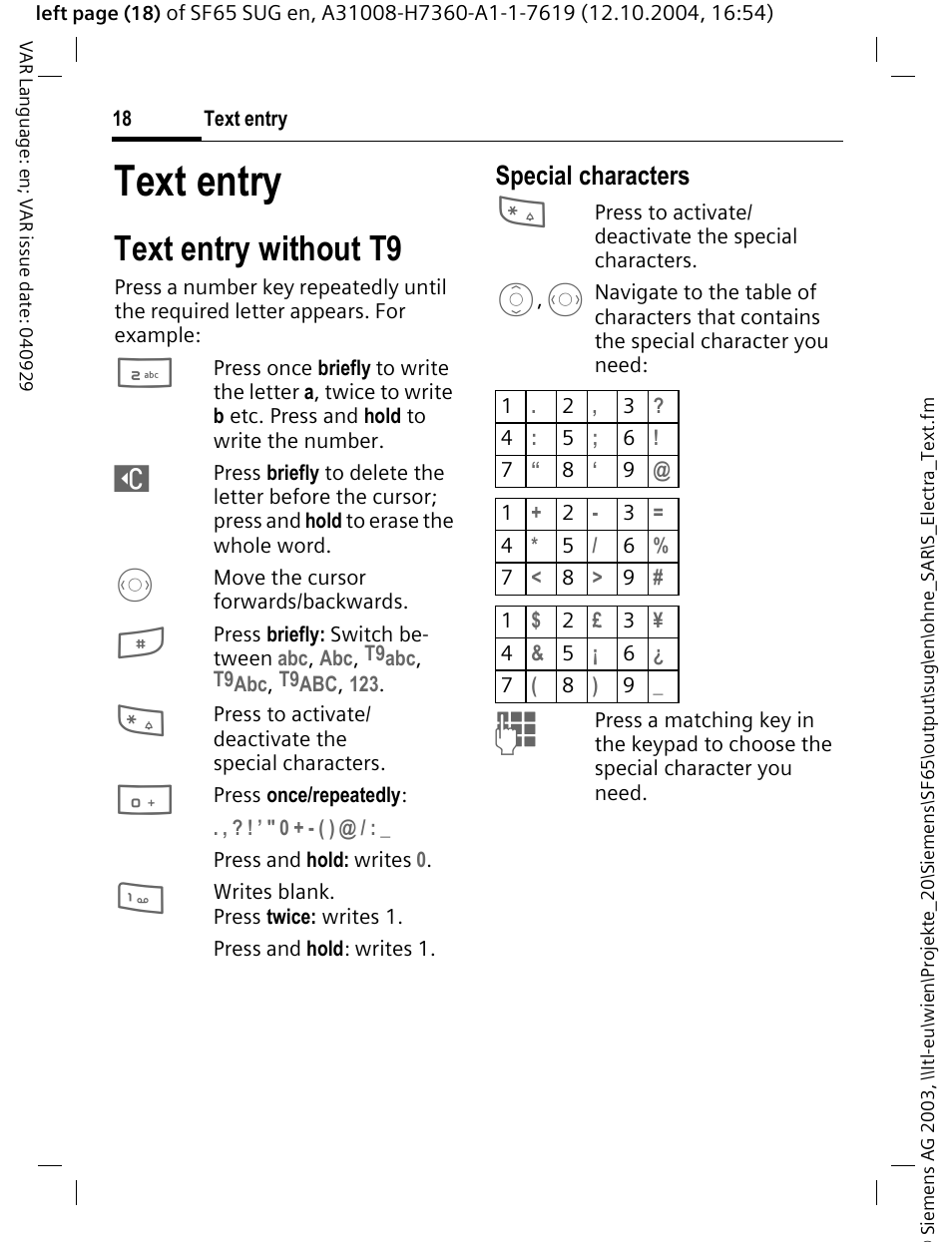 Text entry, Text entry without t9, Special characters | Siemens SF65 User Manual | Page 19 / 71